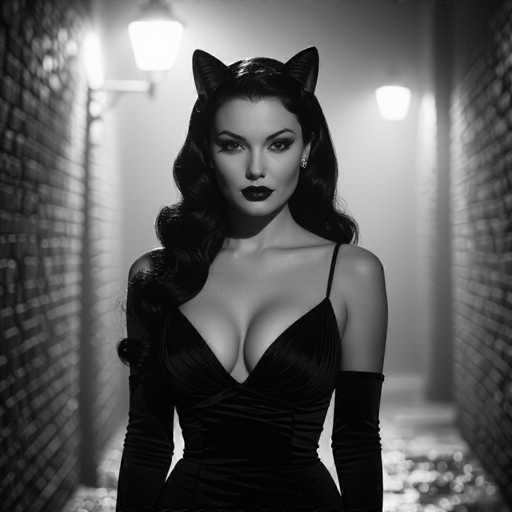 A striking black-and-white photograph captures a woman standing in a narrow alleyway, flanked by brick walls on either side. The alleyway is dimly lit by three wall-mounted lamps, casting a soft glow that enhances the mysterious ambiance. The woman, with her long, wavy black hair cascading over her right shoulder, exudes an air of elegance and allure. She is adorned in a low-cut dress that reveals a hint of cleavage, complemented by long gloves that extend up to her biceps. Her lips are painted a deep black, adding to her enigmatic presence. Perched atop her head are playful cat ears, adding a whimsical touch to her otherwise sophisticated appearance. She gazes directly at the camera, creating an intense and captivating focal point in the image.
