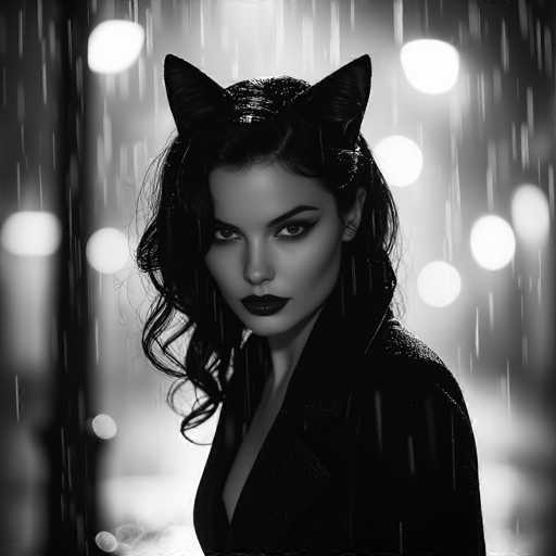 A striking black-and-white photograph captures a woman with long, dark hair cascading past her shoulders. She is adorned in a sleek black coat, her lips painted a deep, dark shade. Her eyes are accentuated with dramatic eyeliner, and her eyebrows are meticulously groomed. Perched atop her head are two cat-like ears, adding an intriguing element to her appearance. The background is a blur of raindrops and indistinct lights, creating a moody, atmospheric setting. The woman gazes directly at the camera, her expression enigmatic and captivating.