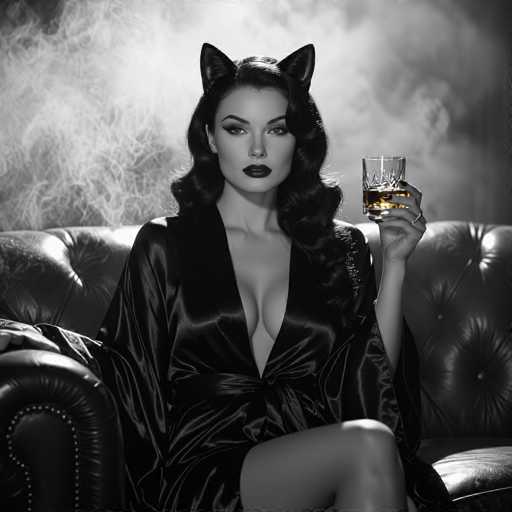 A striking black and white photograph captures a woman seated on a plush, tufted leather couch. The background is shrouded in a smoky haze, adding an air of mystery to the scene. The woman, with her long, dark hair cascading over her shoulders, exudes an aura of allure. She is adorned in a low-cut, silky black robe that accentuates her cleavage, and her lips are painted a deep, dark shade. Her eyes are heavily made up, adding to her captivating gaze. Perched atop her head are whimsical cat ears, adding a playful touch to her otherwise sophisticated appearance. In her left hand, she holds a glass filled with a golden liquid, possibly whiskey or brandy, and her nails are painted black, matching her lipstick. A ring adorns her finger, completing her elegant yet enigmatic look.