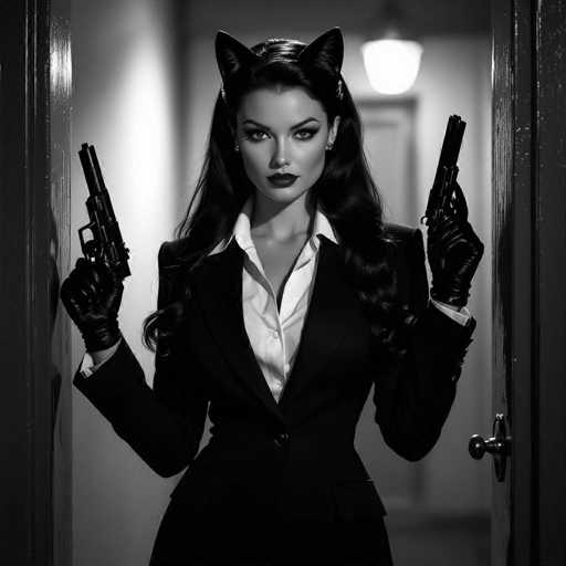 A striking black-and-white photograph captures a woman standing in a doorway, exuding an air of mystery and allure. She is dressed in a sleek black suit jacket, buttoned at the waist, over a white collared shirt with the top two buttons undone, revealing a hint of her cleavage. Her long, wavy black hair cascades down to her chest, and she wears black gloves that add to her enigmatic presence. Perched atop her head are cat ears, adding a whimsical touch to her otherwise serious demeanor. Her makeup is bold, with dark lipstick and dramatic eye shadow that accentuates her intense gaze directed straight at the camera. In each hand, she holds a gun pointed upwards, with her right hand positioned slightly higher than her left. The background is softly blurred, featuring a light fixture and a door, which further emphasizes the woman as the focal point of the image.