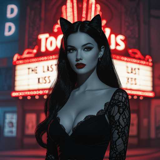 In this captivating image, a woman stands in front of a vintage movie theater, exuding an air of timeless elegance. She is dressed in a striking black dress adorned with intricate lace details on the sleeves and chest, complementing her long, flowing black hair. Her makeup is bold and dramatic, with bright red lipstick and dark, winged eyeliner that accentuates her eyes. Adding a whimsical touch to her appearance, she wears cat ears on her head. The movie theater behind her features a classic white marquee with black lettering, partially obscured by her figure, but it prominently displays the title "The Last Kiss." Above the marquee, a red neon sign adds a vibrant glow to the scene. The overall color palette of the image is dominated by shades of red, black, and gray, creating a visually striking and somewhat surreal atmosphere.