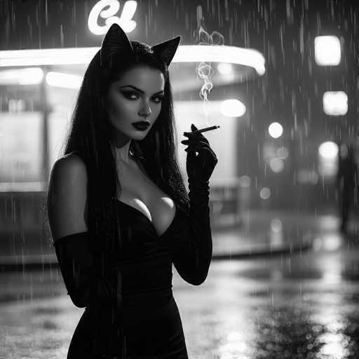 A captivating black-and-white photograph features a woman exuding an air of mystery and allure. She stands confidently, her long black hair cascading down to her waist, partially obscuring her left shoulder. Her striking cat ears add an element of whimsy to her enigmatic presence. She is dressed in a form-fitting black dress that accentuates her figure, with long gloves extending up to her elbows. In her left hand, she holds a cigarette, the smoke curling upwards, adding to the moody atmosphere. Her gaze is directed off to the right, her eyes seemingly focused on something beyond the frame. The background is a blur of lights and rain, creating a dreamy, almost surreal ambiance. A neon sign with the letters "CL" glows faintly behind her, while the wet pavement reflects the scattered lights, enhancing the photograph's dramatic and evocative feel.