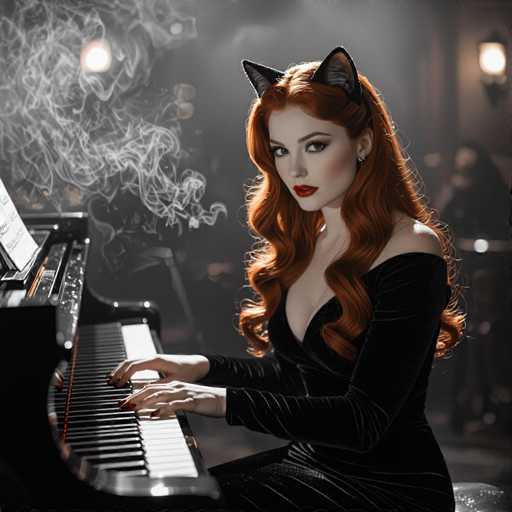 In this captivating image, a woman with striking red hair and fair skin is seated at a black piano, her hands poised gracefully over the keys. She is adorned in a sleek black dress that elegantly reveals her shoulders, and her long red hair cascades down her back. Adding a whimsical touch to her appearance, she wears black cat ears, which contrast sharply with her pale complexion. Her makeup is bold and dramatic, with dark red lipstick and defined black eyebrows that frame her expressive eyes. The scene is further enhanced by wisps of white smoke that curl around the piano, adding an ethereal quality to the atmosphere. The background is a muted gray, with soft lighting emanating from two wall sconces, casting a gentle glow that highlights the woman's features and the piano. The overall composition exudes a sense of mystery and enchantment, drawing the viewer into the magical world she inhabits.