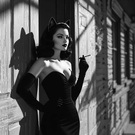 A striking black-and-white photograph captures a woman exuding vintage glamour. She stands confidently against a wooden wall, her shadow cast dramatically behind her. Her long, wavy black hair cascades down to her shoulders, framing her face adorned with dark lipstick and bold eye makeup. She wears a strapless black dress that accentuates her figure, paired with elegant elbow-length gloves. In her left hand, she holds a cigarette, the smoke curling upwards in a soft, wispy cloud. Adding a whimsical touch to her sophisticated look, she sports a pair of cat ears. The background reveals a series of wooden doors and windows, hinting at a building's exterior. The image is devoid of any text, allowing the viewer to fully immerse in the timeless beauty and mystery of the scene.