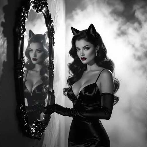 In this striking black and white photograph, a woman stands confidently in front of an ornate mirror, her reflection capturing the essence of classic Hollywood glamour. She is adorned in a sleek, black satin dress with thin straps and long gloves that extend to her elbows, exuding an air of timeless elegance. Her dark hair cascades down her back, complementing her bold red lipstick and the dramatic cat-eye makeup that accentuates her eyes. Adding a whimsical touch to her sophisticated look, she wears black cat ears atop her head. The mirror, with its intricate design, frames her reflection perfectly, enhancing the vintage feel of the image. The background is shrouded in a misty fog, creating a mysterious and ethereal atmosphere that adds depth to the composition.