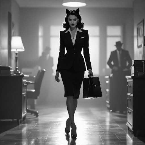 A stylish, black and white photograph depicts a woman in a sharp, vintage-inspired suit and cat ears confidently walking down a dimly lit office hallway. The central focus is on her, with a blurred figure of another person in the background, emphasizing depth. The overall aesthetic is dramatic and retro, with a strong emphasis on shadows and a sense of mystery.