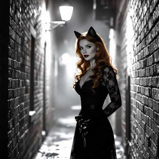 In this striking image, a woman stands confidently in the middle of a narrow, dimly lit alleyway. She is dressed in a sleek black dress adorned with intricate lace sleeves, exuding an air of elegance and mystery. Her long, flowing red hair cascades down her back, contrasting vividly against the dark surroundings. Perched atop her head are black cat ears, adding a playful yet enigmatic touch to her appearance. The woman's face is accentuated with bold red lipstick, and she gazes directly at the camera with a serious expression, her eyes wide open and captivating. A gun is visibly tucked into her dress, hinting at a potential sense of danger or power. The alleyway itself is constructed of black bricks, and the ground appears wet, reflecting the sparse light that filters through the scene. The background is shrouded in darkness, with only a few distant lights piercing through the gloom, enhancing the overall dramatic and somewhat eerie atmosphere of the image.