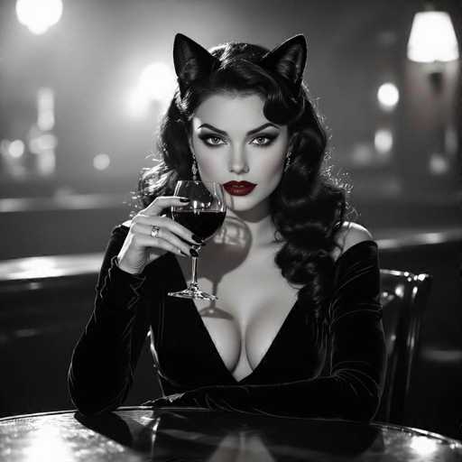 A striking black-and-white photograph captures a woman seated at a table, exuding an air of sophistication. She is adorned in a long-sleeved black dress with a daringly low-cut neckline that reveals a hint of cleavage. Her long, wavy black hair cascades down her shoulders, framing her face elegantly. She wears bold red lipstick that stands out vividly against the monochrome backdrop. In her right hand, she holds a glass of red wine, the only element in the image that breaks the grayscale palette. Adding a whimsical touch, she sports a pair of cat ears atop her head. The background is softly blurred, featuring indistinct lights and what appears to be a bar area, enhancing the focus on her enigmatic presence.