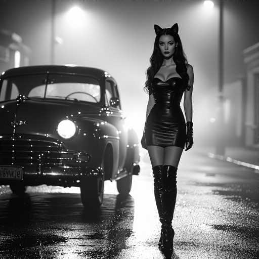 A stylish, black and white photograph captures a woman in a sleek, form-fitting leather dress and cat ears walking towards the viewer on a wet city street. A classic vintage car is parked to her left, reflecting in the wet pavement. The scene is dimly lit with soft, hazy lighting, creating a moody and glamorous atmosphere. The composition emphasizes the woman's confident pose and the car's presence, with a shallow depth of field focusing on her. The overall style is evocative and artistic, reminiscent of fashion photography with a vintage touch.