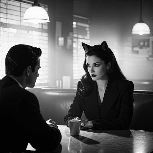 In this evocative black-and-white photograph, a man and a woman are seated in a cozy diner booth, engaged in what appears to be a deep conversation. The man, dressed in a suit, has his back to the camera, revealing only the side of his face and his dark hair. His hands are clasped together on the table, suggesting a moment of contemplation or shared intimacy. The woman, facing him, exudes a striking presence with her long, dark hair and cat-like ears. She is adorned in a sleek black suit and wears bold black lipstick, her expression serious and focused on the man. A coffee mug sits between them, adding to the casual yet intimate atmosphere. The diner's ambiance is further enhanced by the soft glow of hanging lamps and the blurred outlines of windows in the background, creating a moody and slightly mysterious setting.