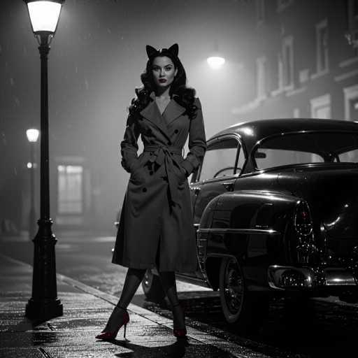 The image is a black and white photograph in a vintage, cinematic style. A woman dressed in a stylish trench coat and cat ears stands beside a classic car on a wet city street under a dim, rainy night. The composition is dramatic, with the woman positioned in the foreground and the car slightly behind her, creating a sense of depth. The lighting is moody, highlighting the woman's face and the car's curves while leaving the background shrouded in shadow. The overall aesthetic evokes a retro, noir-inspired feel.