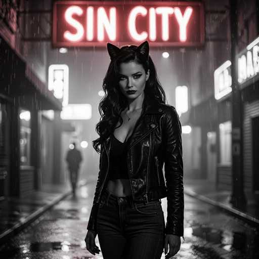 A stylish, dark-toned image depicts a woman in a black leather jacket and cat ears standing in a rain-soaked, neon-lit alleyway. The focus is on the woman's intense gaze, with a blurred figure walking in the background and neon signs reading "SIN CITY" and "BA". The art style is a blend of cyberpunk and noir, emphasizing dramatic lighting and atmospheric rain.