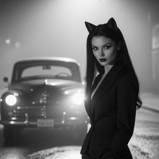 A stylish, black-and-white photograph depicts a woman in a sharp black suit and cat ears posing in front of a vintage car. The woman gazes directly at the viewer, her dark hair cascading over her shoulders. A blurred vintage car is positioned behind her, its headlights illuminating the scene with a soft glow. The overall aesthetic is moody and glamorous, reminiscent of a vintage noir style.