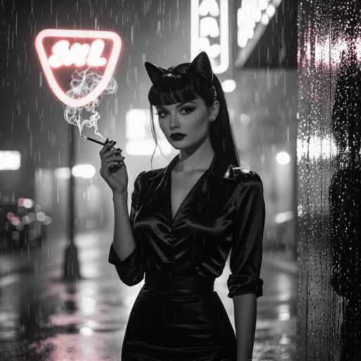 In this captivating black-and-white photograph, a woman stands confidently in the rain, exuding an air of mystery and allure. She is dressed in a sleek, black satin dress that accentuates her figure, paired with a matching black satin shirt. Her long, dark hair cascades down her back, with bangs framing her face. Adding a playful touch to her ensemble, she wears cat ears atop her head. Her lips are painted a deep, dark shade, complementing her overall gothic aesthetic.

In her right hand, she holds a cigarette, which is lit and emitting a plume of smoke that swirls around her face. The background is a blur of city lights, with a particularly striking pink neon sign that reads "Soul" in bold letters. The wet streets and the raindrops add to the moody atmosphere, reflecting the neon light and creating a shimmering effect. The woman's gaze is directed straight at the camera, her expression enigmatic and captivating, making the viewer wonder about the story behind this intriguing scene.