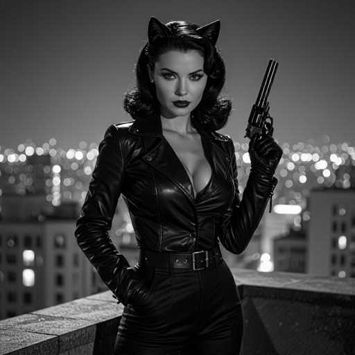 A striking black-and-white photograph captures a woman exuding the essence of a 1940s film noir character. She stands confidently on a rooftop, her long, wavy black hair cascading down to her shoulders, adorned with cat ears that add a whimsical touch to her look. Her dark lipstick and heavy eye makeup enhance her dramatic appearance. She is dressed in a tight, low-cut black leather jacket, unzipped to reveal a hint of cleavage, paired with matching black leather pants. Her right hand is casually tucked into her pocket, while her left hand holds a revolver pointed upwards, adding an element of intrigue and tension. The background is a blurred cityscape, with the lights of buildings twinkling softly, creating a moody and atmospheric setting. The image is devoid of any text, allowing the viewer to fully immerse in the visual narrative.