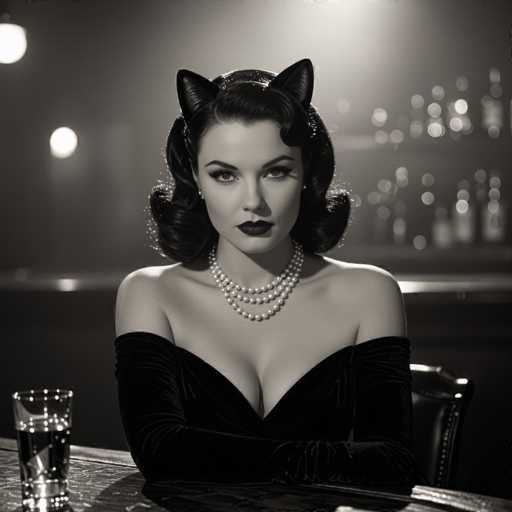 In this evocative black-and-white photograph, a woman exudes the allure of a classic film star, reminiscent of icons like Marilyn Monroe. She is seated at a bar, her dark, wavy hair styled in a vintage fashion, cascading to her shoulders. Her striking makeup features bold, dark lipstick that contrasts beautifully with her fair skin. Adorning her ears are cat-shaped earrings, adding a whimsical touch to her glamorous appearance. Around her neck, she wears a double strand of pearls, enhancing her sophisticated look. Her attire is a low-cut, velvet dress that drapes elegantly over her shoulders, with sleeves that extend to her elbows. The bar behind her is dimly lit, with bottles of alcohol and a few scattered lights creating a moody ambiance. A glass of water sits on the table beside her, completing the scene of this timeless moment.