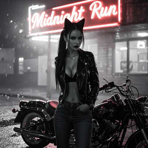 A captivating image features a woman standing confidently in front of a sleek black motorcycle. She is dressed in a striking black leather jacket, left open to reveal a black bra and her bare midriff. Her outfit is completed with dark blue jeans, which are slightly rolled up at the cuffs. The woman's long black hair cascades down her back, and she sports a pair of playful cat ears atop her head. Her makeup is bold, with dark lipstick and dramatic eye shadow, enhancing her enigmatic presence. The motorcycle behind her is a glossy black, with a distinctive red seat that adds a pop of color to the scene. The background is a dark, rainy night, with raindrops glistening on the wet pavement. A building looms in the distance, adorned with a red neon sign that reads "Midnight Run" in white cursive letters, adding an element of intrigue to the composition.