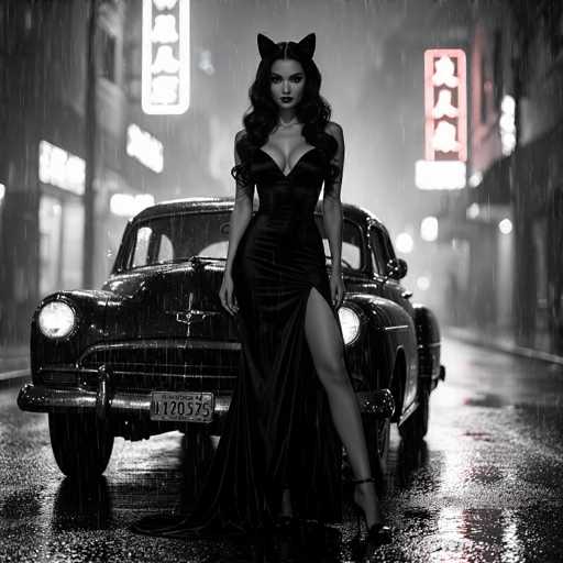 In this captivating black-and-white photograph, a woman stands confidently in front of a vintage car, exuding an air of mystery and allure. She is dressed in a sleek, black dress that accentuates her figure, featuring a daring slit that reveals her leg. Her long, wavy hair cascades down, complementing the playful cat ears perched atop her head. The woman's dark lipstick adds a touch of sophistication to her enigmatic smile. The car behind her, with its classic design and prominent front grille, serves as a nostalgic backdrop. The license plate, marked with the number 1120575, adds a unique element to the scene. The setting appears to be in an Asian country, suggested by the neon signs adorned with Asian characters that line the background. The wet streets hint at recent rain, adding a reflective sheen to the overall composition.