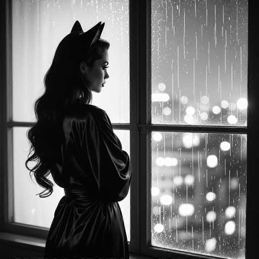 A black and white photograph captures a woman standing in front of a window, gazing out into the rain. She is dressed in a long, silky black robe that cinches at the waist, with her long, wavy hair cascading down her back. Atop her head, she wears a distinctive headpiece resembling cat ears, adding an intriguing element to her appearance. Her face is adorned with dramatic makeup, including long eyelashes and dark lipstick, enhancing her enigmatic expression. The window she stands before is divided into four sections by a crossbar, and the rain outside creates a blurred, dreamlike effect, with indistinct lights from the cityscape beyond. The overall composition of the image evokes a sense of mystery and melancholy, with the woman's profile turned slightly towards the viewer, her eyes seemingly lost in thought.