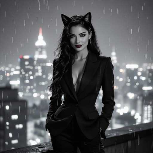 A striking black-and-white photograph captures a woman standing confidently on a rooftop, gazing directly at the camera. She is dressed in a sleek black suit, with her hands casually tucked into her pockets. Her long, dark hair cascades down, partially obscuring her right shoulder, while her left shoulder is fully exposed, adding a touch of allure to her poised stance. The woman's lips are painted a deep, dark red, and she sports cat-like ears atop her head, giving her an otherworldly appearance. The backdrop features a city skyline with illuminated buildings, their lights twinkling against the night sky. Raindrops cascade around her, adding a dynamic element to the scene. The overall composition is both mysterious and captivating, blending elements of fantasy and urban sophistication.