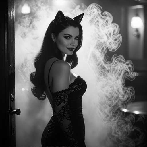 A striking black-and-white photograph captures a woman in a provocative pose, exuding an air of mystery and allure. She stands with her back to the camera, her head turned over her right shoulder, gazing directly at the viewer. Her long, dark hair cascades down her back, complementing her elegant black dress that features a single shoulder strap and lace detailing on the sleeves. Adding to her enigmatic appearance, she wears a pair of cat ears atop her head. The background is shrouded in smoke, creating an ethereal atmosphere that enhances the overall mood of the image. The photograph is devoid of any text, allowing the viewer to fully immerse in the visual narrative presented.