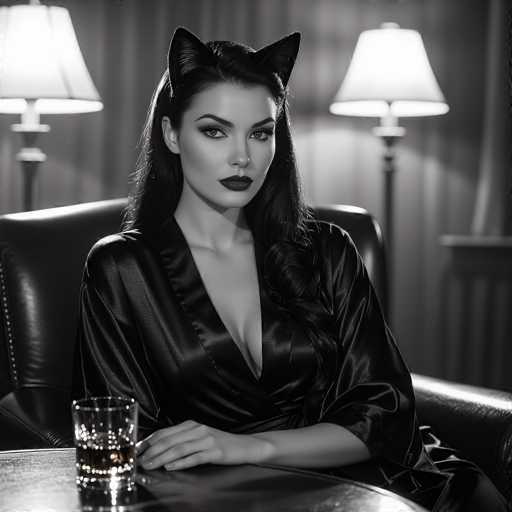 A striking black and white photograph captures a woman seated in a luxurious setting. She is perched on a plush, high-backed leather chair, exuding an air of elegance and mystery. The woman is adorned in a sleek, black satin robe that drapes over her shoulders, revealing a hint of cleavage. Her long, dark hair cascades down her back, complementing her dark lipstick and dramatic eye makeup. Adding to her enigmatic appearance, she wears a pair of cat ears atop her head.

In front of her, a small table holds a glass filled with a dark liquid, possibly whiskey or bourbon, catching the light and adding a touch of allure to the scene. The background features two tall, cylindrical floor lamps with white lampshades, casting a soft glow that enhances the intimate atmosphere. The woman's direct gaze into the camera creates a powerful connection, drawing the viewer into the photograph's timeless and captivating essence.