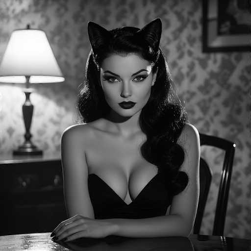 The image is a black and white portrait of a woman styled as a vintage catgirl. She sits at a dark table, facing the viewer with a direct gaze. Her long, wavy hair is styled in a retro fashion and adorned with cat ears. She wears a strapless black dress, emphasizing her bustline. The background features a patterned wallpaper and a lamp on a table behind her, creating a dimly lit, intimate atmosphere. The overall style is vintage and glamorous, with a focus on dramatic lighting and a stylized aesthetic.