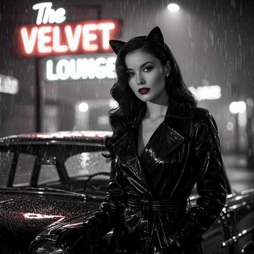 In this striking black-and-white photograph, a woman stands confidently in front of a vintage 1950s-style black car, her presence accentuated by the dramatic lighting. She is dressed in a sleek, black leather trench coat that glistens in the rain, with a matching belt cinched at her waist. Her long, wavy black hair cascades down, and she sports bold red lipstick that stands out against the monochrome backdrop. Adding a playful touch to her ensemble, she wears black cat ears atop her head. The scene is set against the backdrop of a neon sign that reads "The Velvet Lounge," with "Velvet" illuminated in red and "Lounge" in white, casting a vibrant glow. The setting is further enhanced by the rain, which creates a shimmering effect on the car and the woman's coat, adding to the overall dramatic and stylish atmosphere.