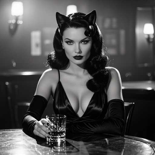 A striking black-and-white photograph captures a woman seated at a round table, exuding an air of vintage glamour. She is adorned in a low-cut, black dress that accentuates her cleavage, paired with elegant elbow-length gloves. Her long, wavy black hair cascades down, complementing her dark lipstick and meticulously applied makeup. Adding a whimsical touch to her sophisticated appearance, she wears cat ears atop her head. In her hand, she holds a glass, possibly containing a cocktail, though the contents remain indistinguishable. The background is softly blurred, revealing a bar area with a counter and a few chairs, illuminated by wall sconces that cast a gentle glow. The overall composition of the image is square, focusing attention on the woman's captivating presence.