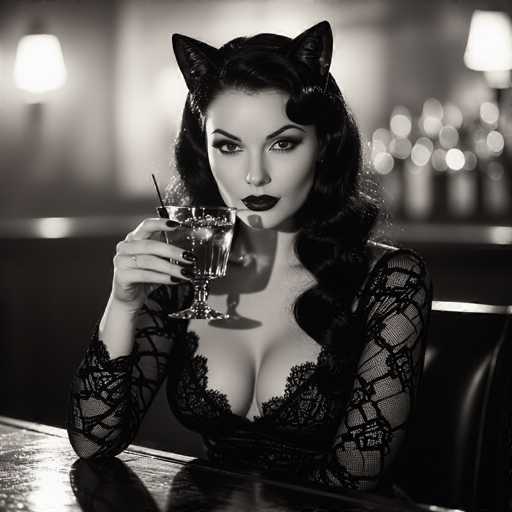 A captivating black-and-white photograph features a woman seated at a bar, exuding an air of mystery and allure. She is dressed in a striking black lace dress, with the lace intricately designed to resemble a spider web pattern. Her long, dark hair cascades down her shoulders, complementing her dramatic cat ears perched atop her head. Her lips are painted a deep, dark shade, adding to her enigmatic presence. She holds a martini glass in her hand, which appears slightly distorted, with the stem seemingly merging into her dress. The background is softly blurred, with indistinct lights and shapes that suggest the ambiance of a bar, complete with a booth and a table. The overall composition creates a mesmerizing and slightly surreal image, blending reality with a touch of fantasy.