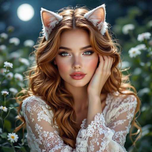 A stunning portrait of a beautiful woman with long, flowing, wavy red hair and piercing green eyes. She's wearing delicate white lace sleeves and a matching dress, adorned with fluffy white cat ears on her head. She's positioned in a field of white flowers, bathed in soft sunlight with the moon visible in the background. Her expression is serene and captivating, her fingers gently resting on her cheek. The overall mood is dreamy, ethereal, and feminine.