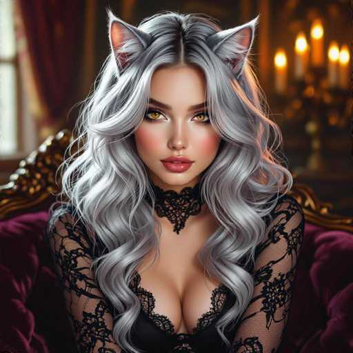 A stunning digital painting of a beautiful woman with long, flowing silver hair adorned with cat ears. She has striking amber eyes and is wearing a black lace bodysuit with a matching black lace choker. Her makeup is glamorous, featuring rosy cheeks and full lips. She's seated on a plush purple velvet chair in a dimly lit, ornate room with warm candlelight in the background. The overall style is fantasy-inspired and highly detailed, emphasizing a mystical and alluring aesthetic.