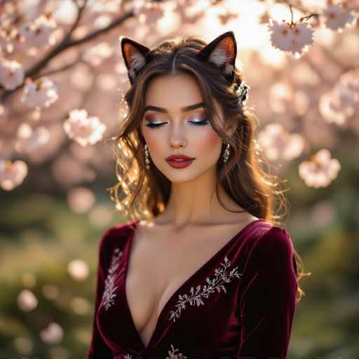 A beautiful woman with long, wavy brown hair and striking makeup is wearing cat ears. She's dressed in a deep burgundy velvet dress with a plunging neckline and delicate floral embroidery. Her eyes are adorned with vibrant blue eyeshadow, and her lips are painted a deep red. She's wearing elegant silver earrings and has a subtle floral hair accessory in her hair. The background is a soft, blurred image of cherry blossom trees in full bloom, bathed in warm sunlight. The overall mood is dreamy and ethereal.