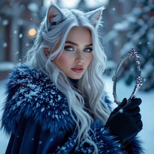 A stunning, high-quality portrait of a beautiful woman with long, flowing white hair styled in soft waves. She is wearing a dark blue coat with a fluffy, dark blue and white fur collar that appears to be covered in snow. She is also wearing black gloves. Her face is pale and her makeup is subtle, with a focus on her striking green eyes. She is holding a round, ornate silver mirror in one hand and looking directly at the viewer with a captivating expression. The background is softly blurred, suggesting an outdoor winter setting with falling snow and soft bokeh lights. The overall lighting is soft and ethereal, highlighting the woman's features and the texture of her clothing. The image has a fantasy-inspired aesthetic, possibly depicting a snow queen or a character from a fairytale.