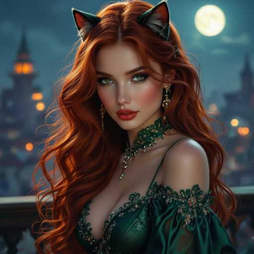 A stunning digital painting of a beautiful woman with long, flowing, fiery red hair and piercing green eyes. She's wearing an elegant emerald green gown with intricate detailing, adorned with delicate gold accents and a matching choker. Her hair is styled in loose waves, framing her face which has a subtle, flawless makeup look with rosy cheeks and deep red lipstick. She's wearing cat-ear shaped headwear, adding a whimsical touch to her appearance. The background is a softly blurred cityscape at twilight, with warm city lights visible in the distance and a full moon casting a gentle glow. The overall mood is enchanting, with a focus on the woman's captivating gaze and ethereal beauty.