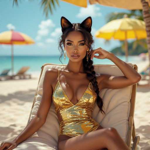 A striking photograph captures a young woman lounging on a beach chair, exuding confidence and style. She is adorned in a shimmering gold one-piece bathing suit that accentuates her tan skin and sleek figure. Her long, dark brown hair cascades down her back, elegantly braided on one side. Adding a whimsical touch to her look, she wears a pair of cat ears, their tips delicately tinged with pink. Her makeup is bold and alluring, with dark eyeshadow and a glossy lip color that complements her overall appearance. She accessorizes with long, dangling earrings that catch the light. The beach around her is dotted with vibrant yellow and red umbrellas, providing a colorful contrast to the serene blue water and sky. The scene is bathed in sunlight, casting soft shadows that add depth to the image. Her pose is relaxed yet poised, with one arm resting on the chair and the other gently touching her face, as she gazes directly into the camera.