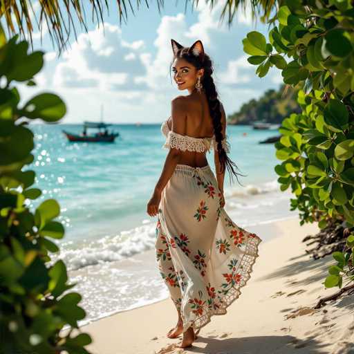 A captivating photograph captures a woman standing on a serene beach, her back turned towards the camera while she glances over her shoulder. She is adorned in a white, lacy halter top that elegantly exposes her midriff, paired with a flowing white skirt adorned with vibrant red and orange flowers. Her long, dark hair cascades down her back, and she wears striking cat ears, adding a whimsical touch to her appearance. The beach beneath her feet is a pristine expanse of white sand, gently kissed by the clear, blue waters of the ocean. In the distance, a small boat floats on the tranquil sea, while lush greenery frames the scene on both sides, enhancing the natural beauty of the setting. The sky above is a brilliant blue, dotted with fluffy white clouds, completing this picturesque moment.