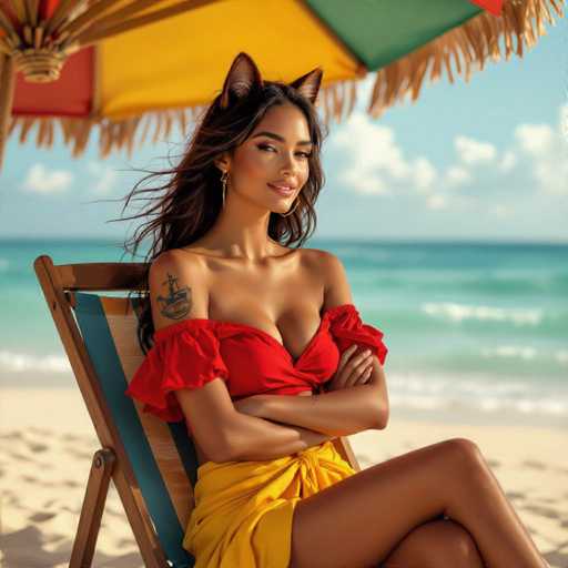 A captivating image features a woman with long, dark brown hair cascading down her back. She is adorned with cat ears, adding a whimsical touch to her appearance. Her attire includes a red top with puffy sleeves that elegantly drape off her shoulders, complemented by a yellow skirt. A distinctive tattoo of a ship is inked on her right shoulder, adding an element of intrigue. She sits confidently on a beach chair, her arms crossed over her chest, with her right hand resting on her left arm. The backdrop showcases a serene beach scene with the ocean and sandy shore, under a sky dotted with clouds. The woman gazes directly at the camera, her head slightly tilted to the right, exuding a sense of poise and charm.