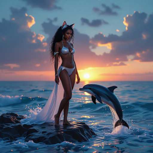 In this captivating image, a woman stands poised on a rugged rock formation in the middle of the ocean, exuding an air of confidence and grace. She is adorned in a shimmering silver bikini, complemented by a sheer, flowing cape that adds an ethereal touch to her ensemble. Her long, curly black hair cascades down her back, and atop her head, she wears striking cat ears, adding a whimsical element to her appearance. The setting sun casts a warm, golden glow across the scene, with the sky painted in hues of orange and blue, dotted with clouds. The sun itself is partially obscured by the clouds, creating a dramatic backdrop. To her right, a playful dolphin leaps out of the water, its body glistening in the sunlight. The water around them is a deep, dark blue, with gentle waves lapping against the rocks. The overall atmosphere is serene yet dynamic, capturing a moment of perfect harmony between the woman, the ocean, and the natural elements surrounding her.