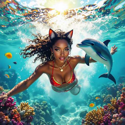 The image depicts a surreal underwater scene featuring a woman with dark skin and long, curly brown hair. She is wearing a red bikini adorned with gold trim and gold hoop earrings. Her striking green eyes are accentuated by heavy eye makeup, and she has a gold necklace with a pendant. Adding to her fantastical appearance, she sports cat ears with white fur and red interiors. The woman is holding a small blue dolphin with a white belly in her left hand, while her right arm extends behind her. Surrounding her are vibrant yellow and blue fish, and the water is filled with bubbles and light reflections. The ocean floor is covered in colorful coral, displaying hues of pink, yellow, orange, and purple. Above the water, the sky is a clear blue with white clouds, and the sun shines brightly, casting a warm glow on the scene.