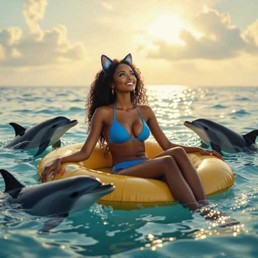 In this vibrant and whimsical scene, a young woman with long, curly brown hair is sitting on a yellow inflatable raft in the middle of a serene ocean. She is wearing a blue bikini and has playful cat ears adorning her head. Her legs are crossed as she gazes upward, smiling warmly at the sun, which is setting on the horizon, casting a golden glow across the water. Surrounding her are three playful dolphins: one to her left, one to her right, and one in the foreground, all seemingly enjoying the moment. The sky is a mix of blue and gray, with scattered clouds adding to the tranquil atmosphere. The overall image has a slightly surreal quality, suggesting it might be AI-generated, with the woman's features appearing somewhat exaggerated and the scene exuding an enchanting, dreamlike charm.
