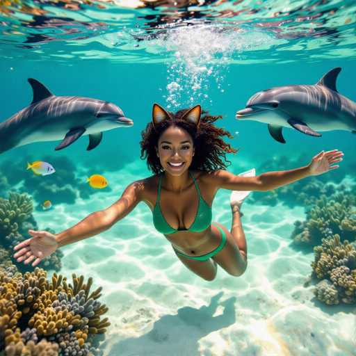 A woman in a green bikini floats underwater, surrounded by two dolphins and colorful coral. She wears cat-ear goggles and has a joyful expression, her arms outstretched as if embracing the marine life. The scene is vibrant and dreamlike, with sunlight filtering through the water's surface, creating a sense of tranquility. The overall style is fantastical and whimsical, emphasizing the beauty of the underwater world.
