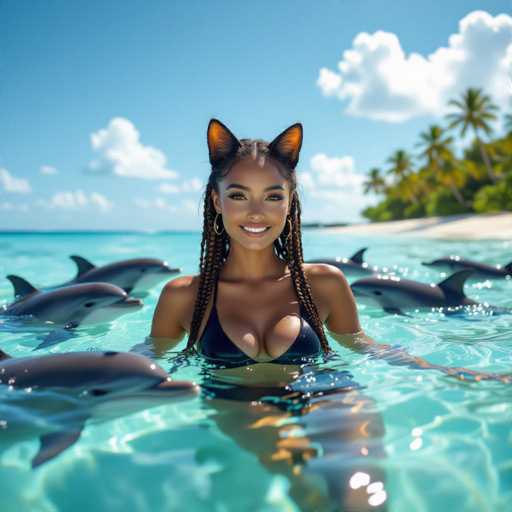 A captivating image features a woman with a dark complexion, standing waist-deep in crystal-clear, light blue water. She is wearing a black bikini top that accentuates her figure. Her hair is intricately styled into numerous braids that cascade down her shoulders. Adding a whimsical touch, she has black cat ears with orange centers perched atop her head. Surrounding her are five playful dolphins, their gray bodies contrasting with their white underbellies. The background reveals a serene beach with light brown sand, lush green trees, and a few palm trees swaying gently. The sky above is a vibrant blue, dotted with fluffy white clouds, completing this picturesque scene.