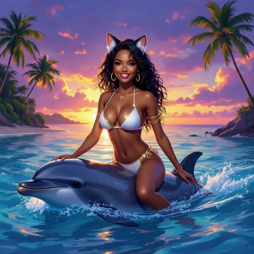 In this vibrant, cartoon-style image, a young woman with dark skin and long, curly black hair is depicted riding a gray dolphin. She is wearing a white bikini adorned with gold trim and accents, including a gold band around her upper arm and a gold armband on her left arm. Her accessories include gold hoop earrings and a gold necklace. The woman also sports white cat ears with pink and white fur on the inside. She is smiling warmly at the camera, her hands resting on the dolphin's back. The scene is set against a stunning backdrop of a sunset over the ocean, with a sky painted in hues of purple, pink, and yellow. The water around them is a deep blue, and the beach is visible on the left side of the image, lined with palm trees. The overall composition exudes a whimsical and enchanting atmosphere.