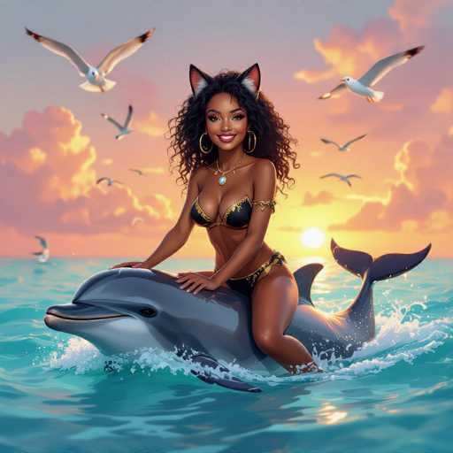 In this vibrant, cartoon-style illustration, a dark-skinned woman with long, curly black hair is depicted riding a gray and white dolphin. She is adorned in a black bikini with gold trim, complemented by a matching gold armband on her left arm. Her accessories include large gold hoop earrings, a gold necklace with a blue pendant, and whimsical cat ears on her head. The scene is set against a stunning sunset, with the sun partially visible just above the horizon, casting a warm glow over the blue ocean. The sky is a blend of pink and blue hues, dotted with fluffy white clouds. Seagulls can be seen flying in the background, adding to the serene and magical atmosphere of the image.