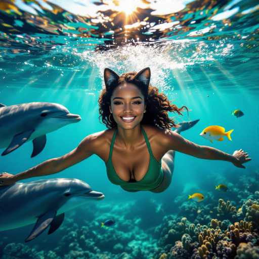 In this vibrant underwater scene, a woman with dark skin and long, curly brown hair is captured swimming gracefully. She is wearing a green one-piece bathing suit and has playful cat ears adorning her head. Her arms are outstretched, and she is smiling warmly at the camera. Surrounding her are two dolphins, one positioned to her left and the other to her right, both swimming towards her. The background is a rich tapestry of blue water, with sunlight filtering through the surface, creating a shimmering effect. To the right of the woman, a school of yellow fish swims, adding to the lively underwater atmosphere. The bottom of the image is adorned with colorful coral, enhancing the scene's natural beauty.