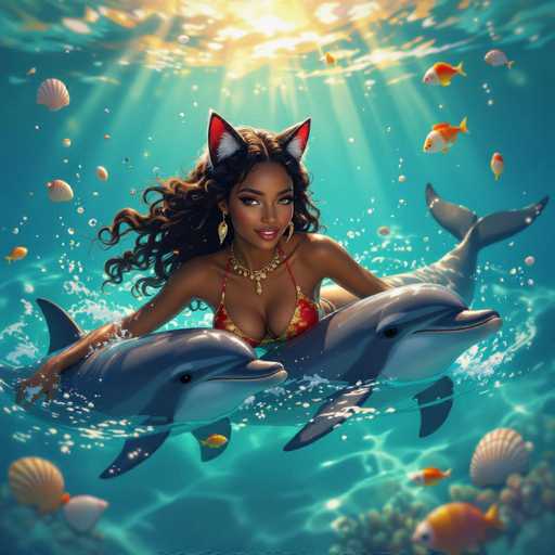 This vibrant, AI-generated image depicts a fantastical underwater scene featuring a striking mermaid with dark skin and long, curly brown hair. She is adorned with cat-like ears that are red with white fur on the inside, and she wears a red and gold bikini top. Around her neck is a golden necklace with a pendant. The mermaid's body is that of a fish, with a tail that is half gray and half white. She is holding two dolphins, one in each hand, which are gray with white bellies. The scene is set in a clear, blue ocean, illuminated by sunlight streaming from the surface. Surrounding her are various marine life, including orange and white fish, seashells, and bubbles. The mermaid gazes directly at the viewer, creating a captivating and surreal underwater tableau.