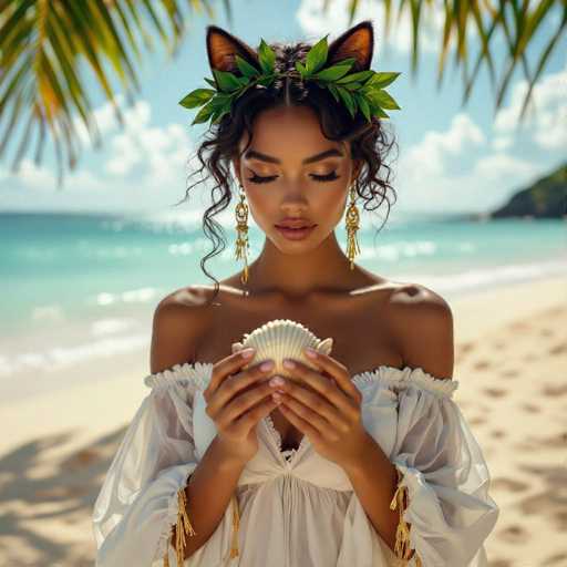 A woman with long, curly dark hair and a delicate, ethereal expression is kneeling on a sandy beach. She's wearing a flowing white off-the-shoulder dress and a crown of green leaves adorned with cat ears. Her eyes are closed, and she's holding a delicate white seashell in her hands, gazing at it with serene focus. The background features a vibrant turquoise ocean and a bright blue sky with fluffy white clouds, partially framed by lush green palm fronds. The overall lighting is soft and warm, creating a dreamy, peaceful atmosphere.
