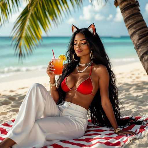 A woman with long, dark hair and a tan is sitting on a red and white striped beach towel at the edge of a sandy beach. She's wearing a red bikini top and white pants, and she has cat ears on her head. She's holding a vibrant orange cocktail with a straw in one hand and is looking down with a serene expression. The background shows a beautiful turquoise ocean, clear blue sky, and a palm tree with lush green fronds. The overall lighting is bright and sunny, creating a tropical beach scene.