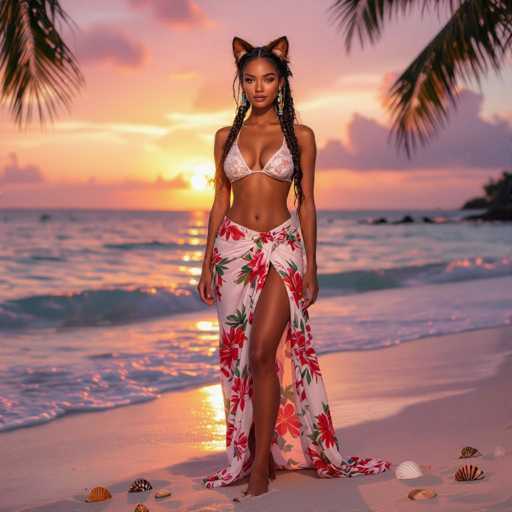 A woman with long, braided hair adorned with cat ears stands on a tropical beach at sunset. She is wearing a white bikini top and a long, flowing skirt with a floral pattern in red and green. The skirt is tied at the waist and has a high slit on one side, revealing her legs. She is barefoot and looking directly at the camera with a serene expression. The background features a vibrant sunset with warm orange, pink, and purple hues, reflecting on the calm ocean water. Palm trees frame the scene on either side, adding to the tropical ambiance. Scattered seashells are visible on the sand in front of her. The overall lighting is soft and golden, enhancing the peaceful atmosphere.